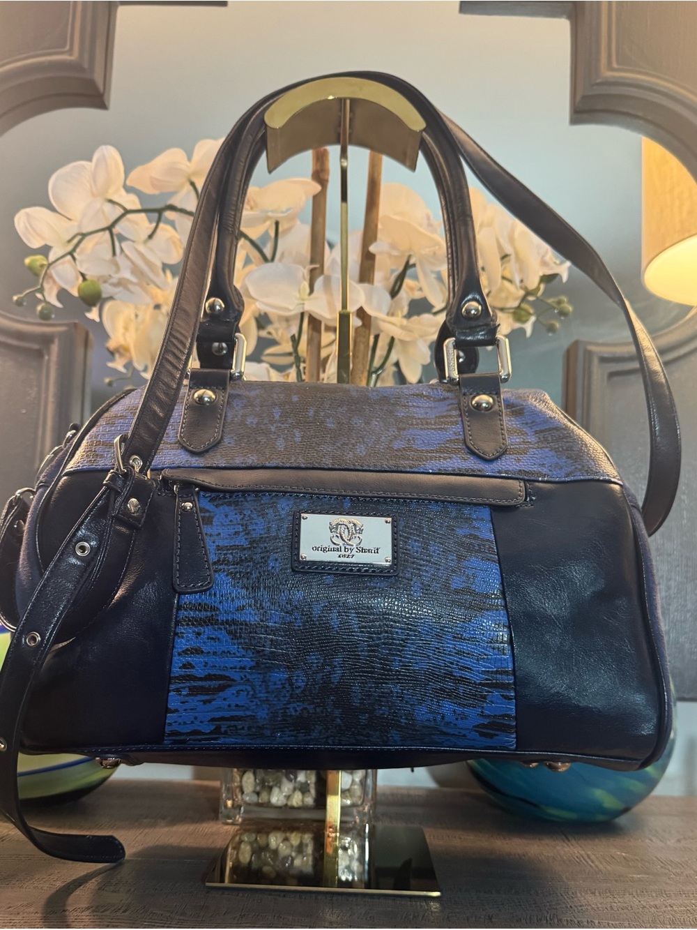 Sharif Deep Navy Leather and Suede Satchel w/ Beautiful Flowered Interior